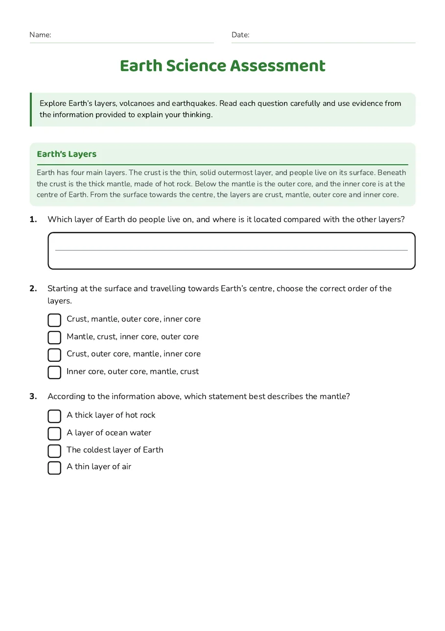 Earth Science Assessment, page 1 of 3: Earth’s Layers