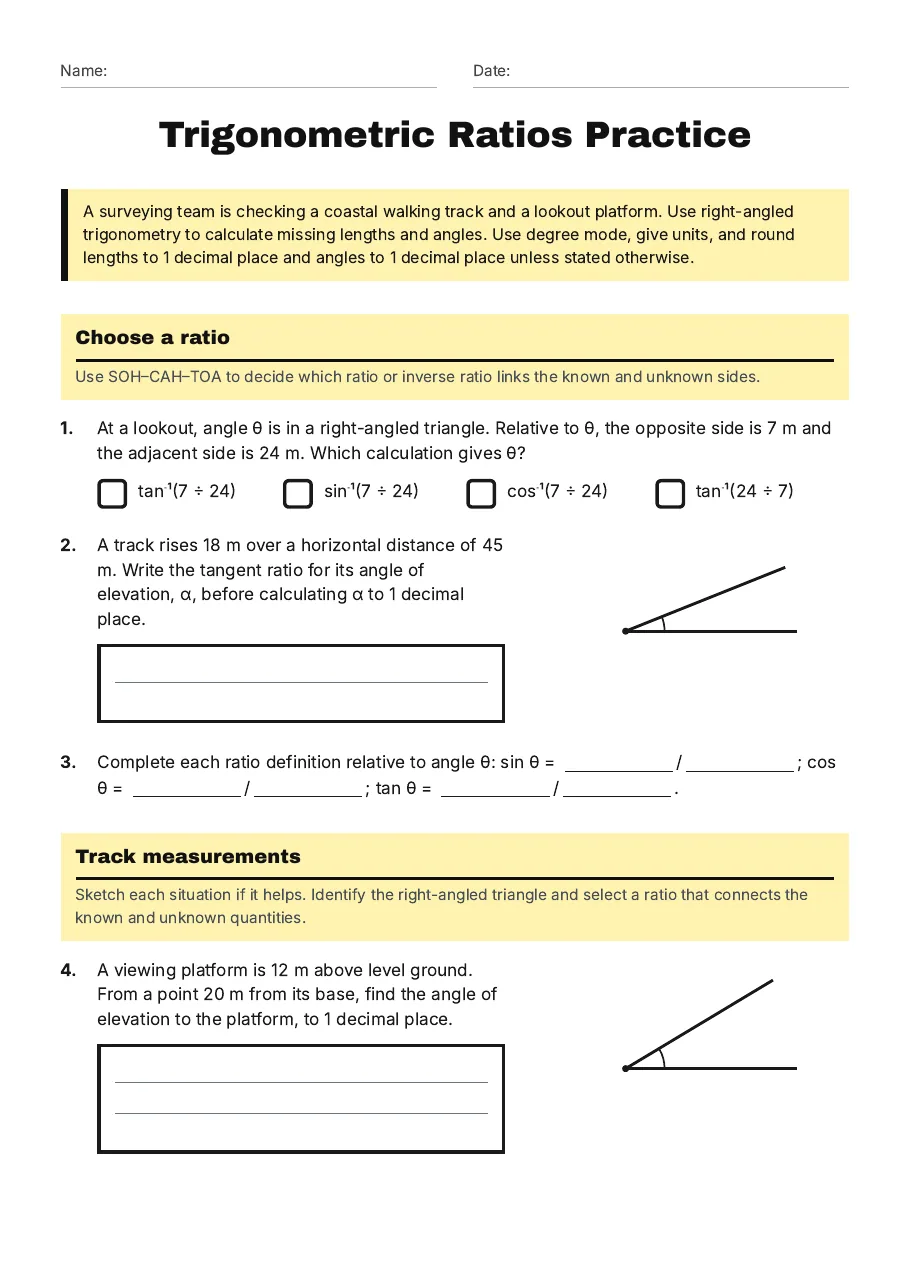 Trigonometric Ratios Practice, page 1 of 3: Choose a ratio, Track measurements