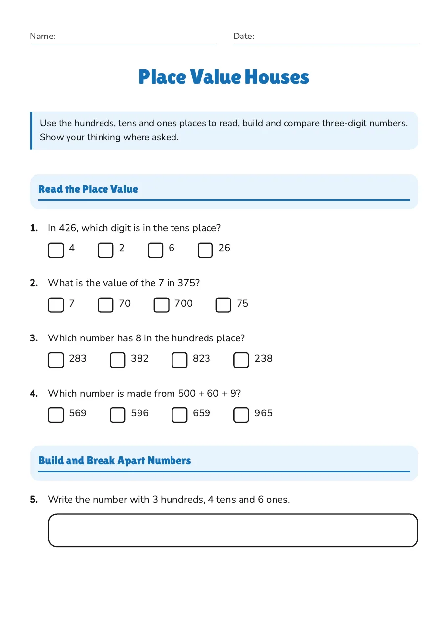 Place Value Houses, page 1 of 3: Read the Place Value, Build and Break Apart Numbers
