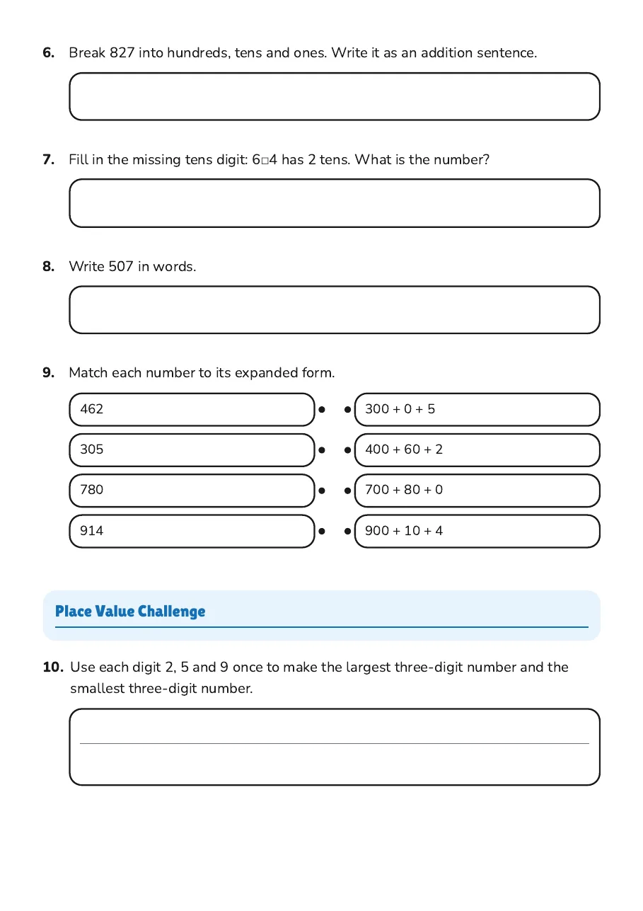 Place Value Houses, page 2 of 3: Place Value Challenge