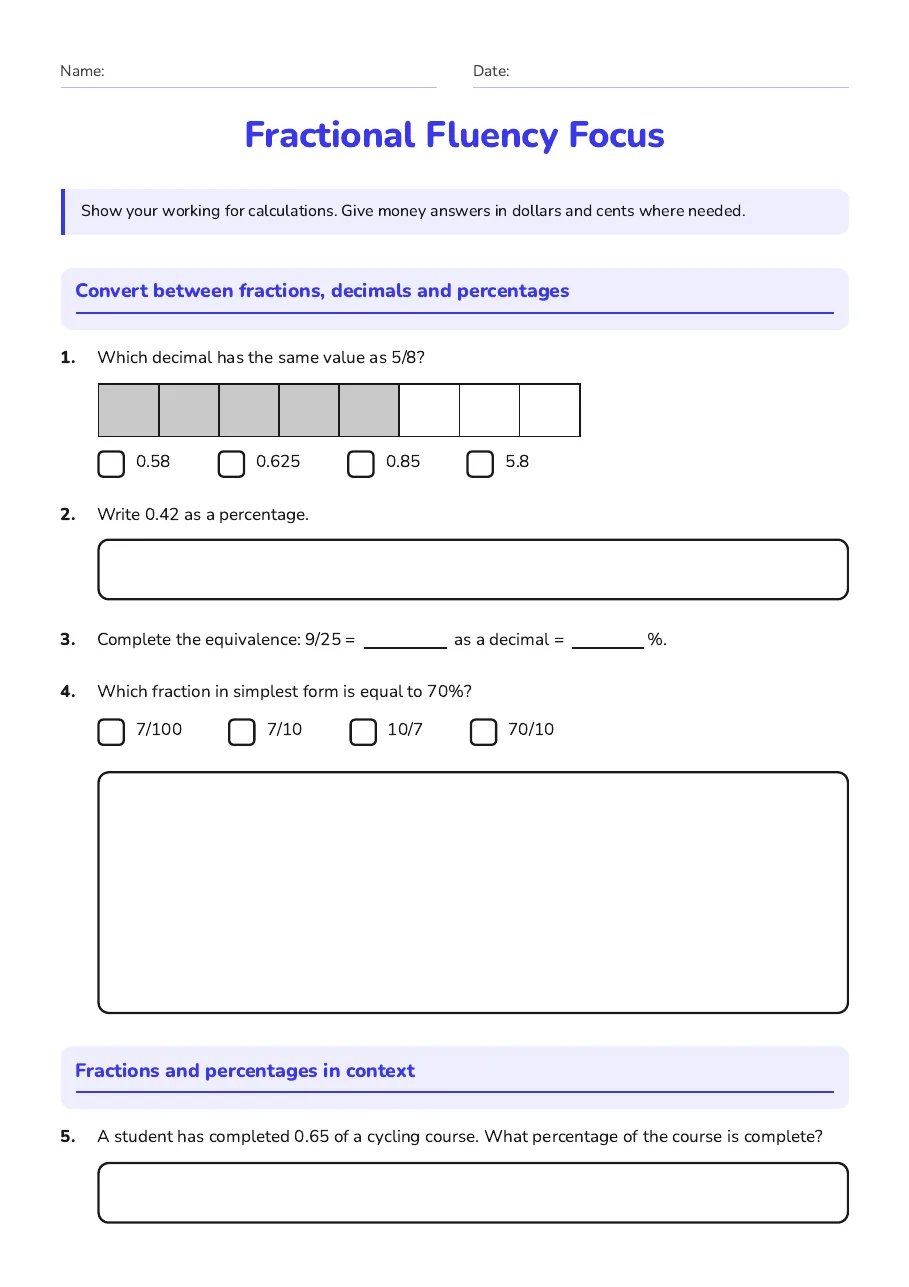 Fractional Fluency Focus, page 1 of 3: Convert between fractions, decimals and percentages, Fractions and percentages in context