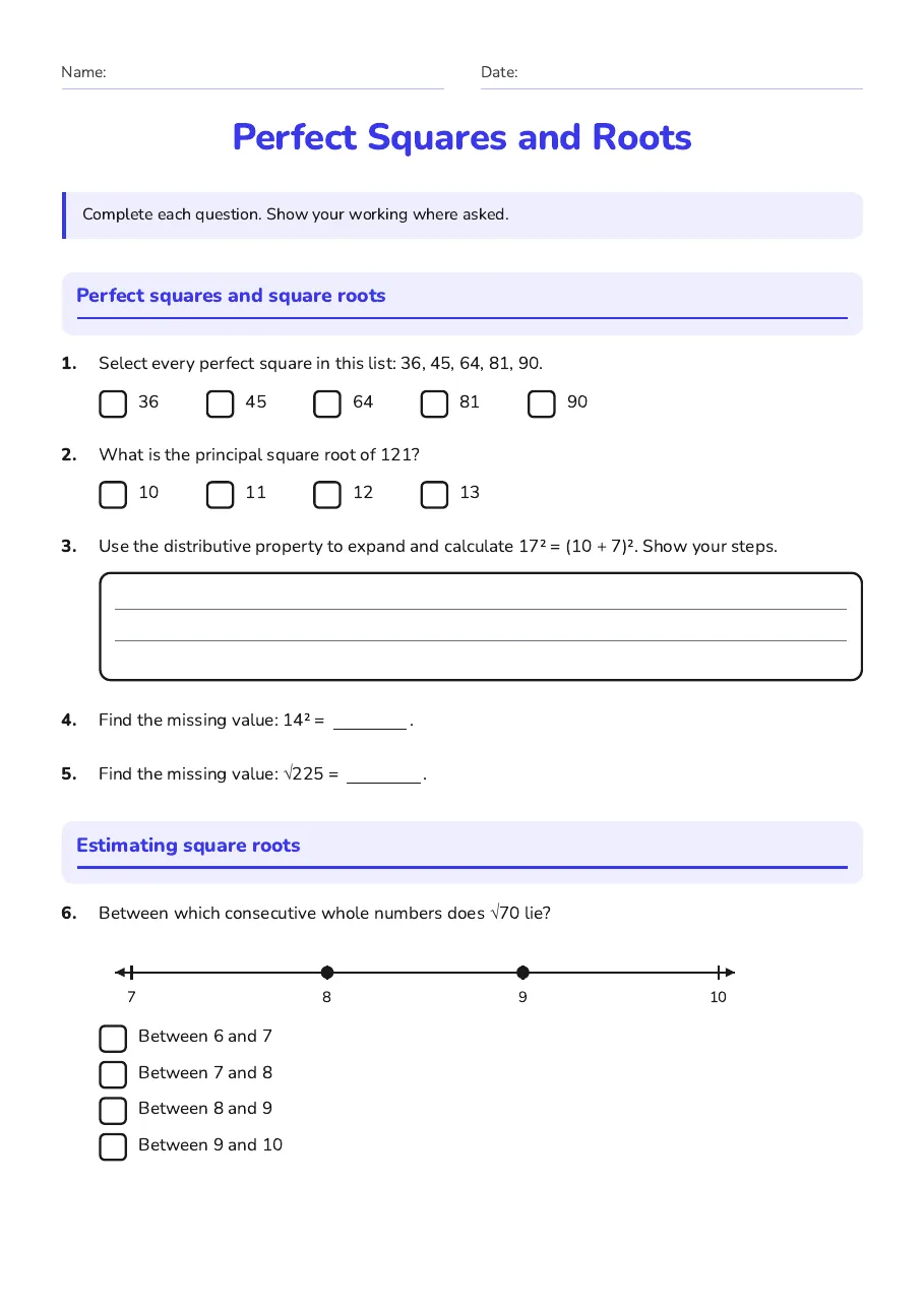 Perfect Squares and Roots, page 1 of 3: Perfect squares and square roots, Estimating square roots