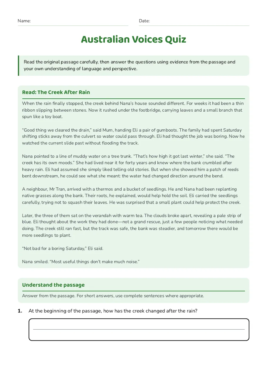 Australian Voices Quiz, page 1 of 3: Read: The Creek After Rain, Understand the passage