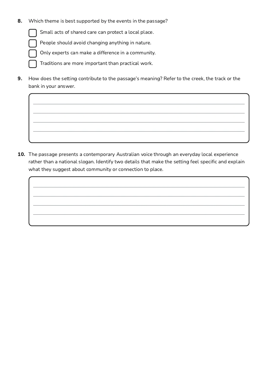 Australian Voices Quiz, page 3 of 3: 8. Which theme is best supported by the events in the passage?