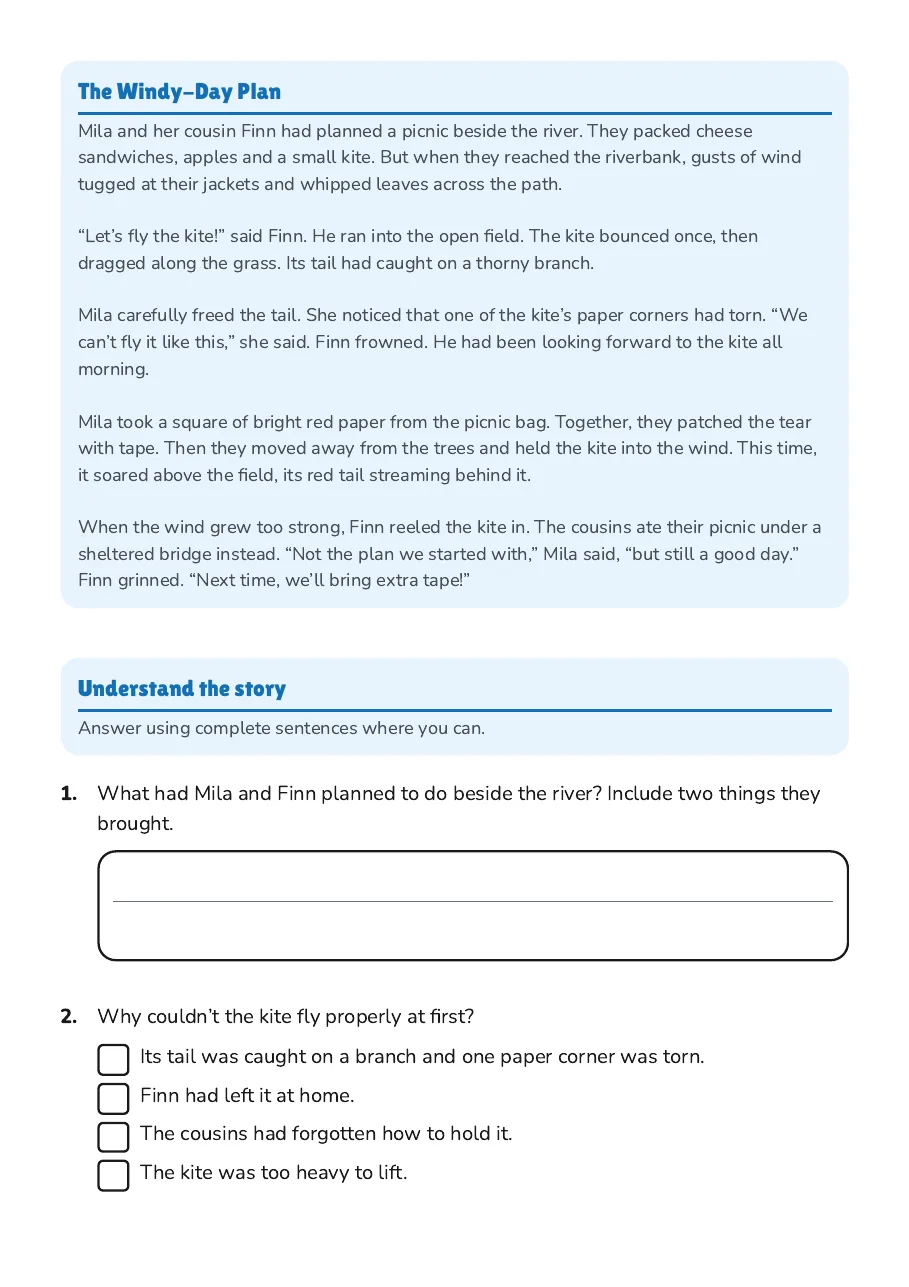 Book Response Writing, page 2 of 5: The Windy-Day Plan, Understand the story