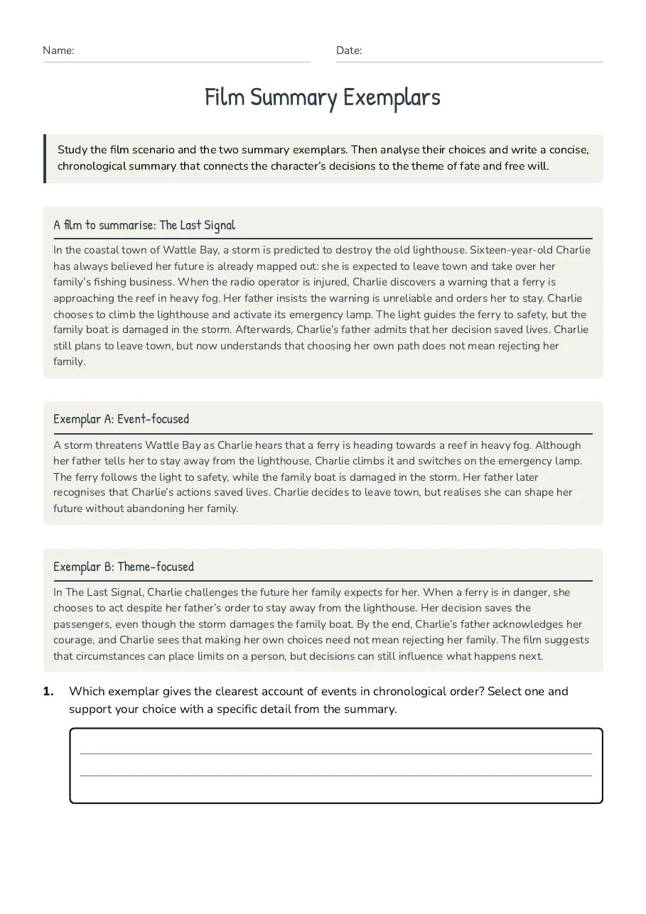 Film Summary Exemplars, page 1 of 3: A film to summarise: The Last Signal, Exemplar A: Event-focused, Exemplar B: Theme-focused