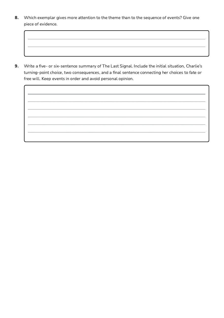 Film Summary Exemplars, page 3 of 3: 8. Which exemplar gives more attention to the theme than to the sequence of events? Give…