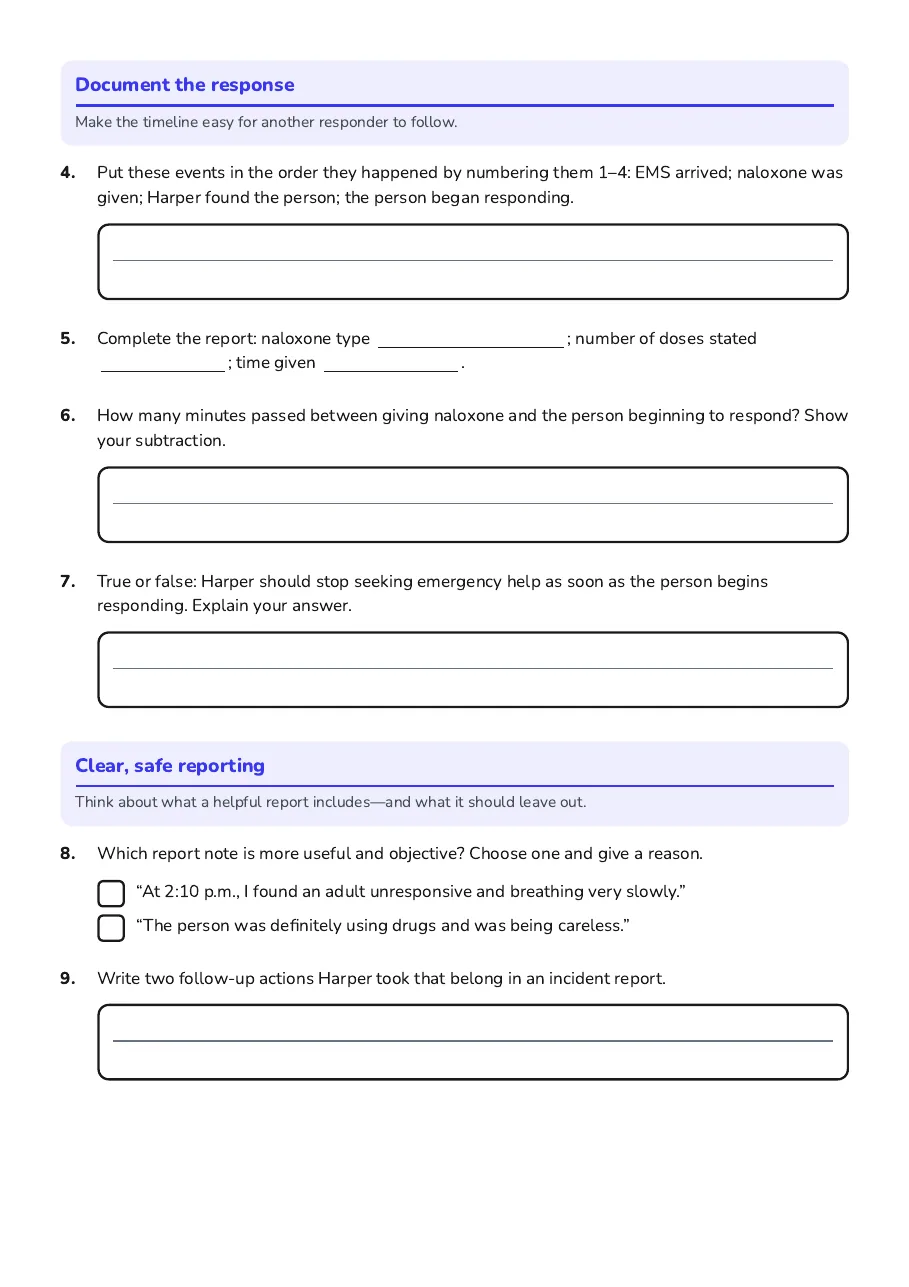 Naloxone Administration Report Template, page 2 of 3: Document the response, Clear, safe reporting