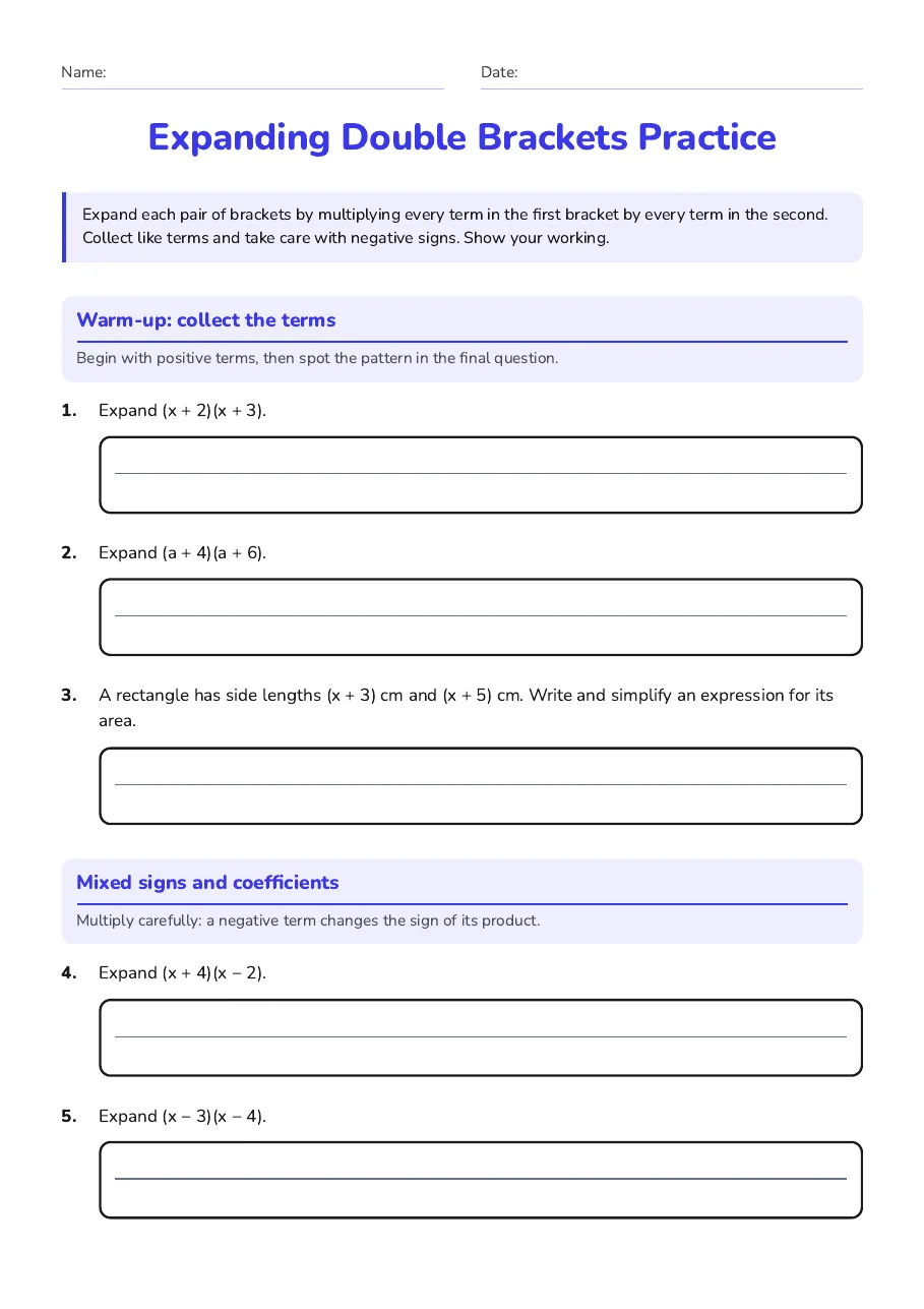 Expanding Double Brackets Practice, page 1 of 2: Warm-up: collect the terms, Mixed signs and coefficients