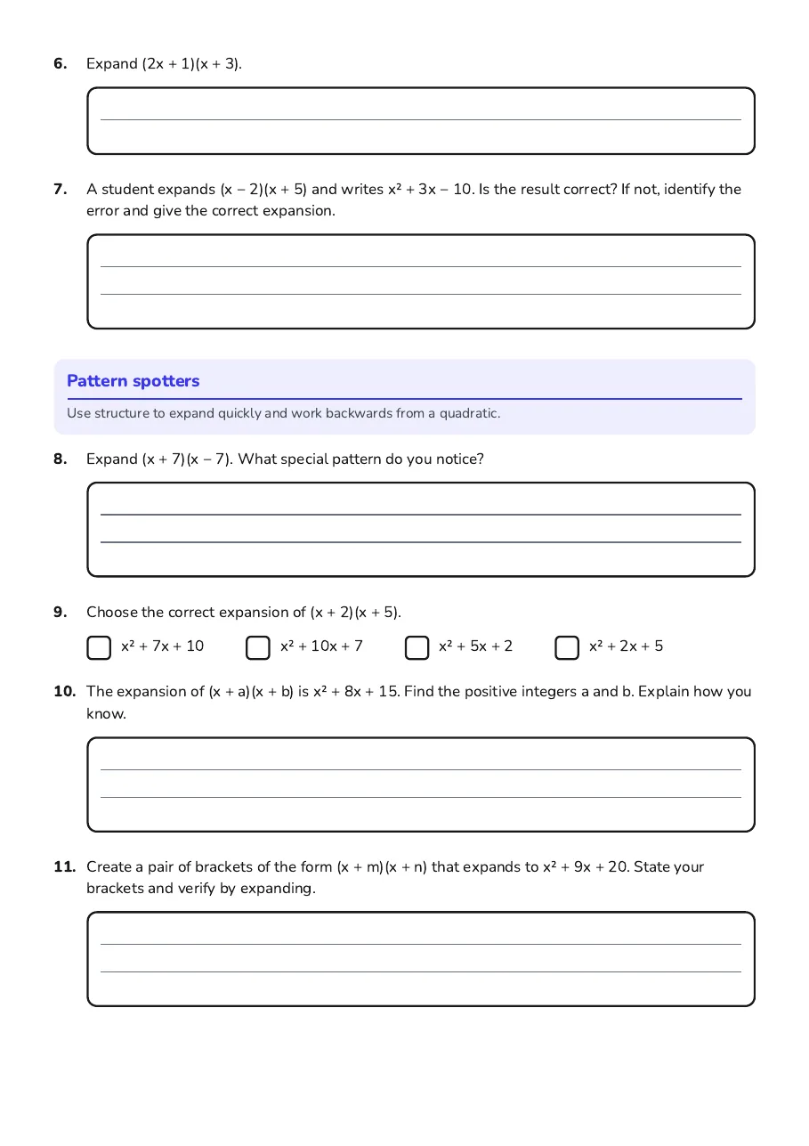 Expanding Double Brackets Practice, page 2 of 2: Pattern spotters