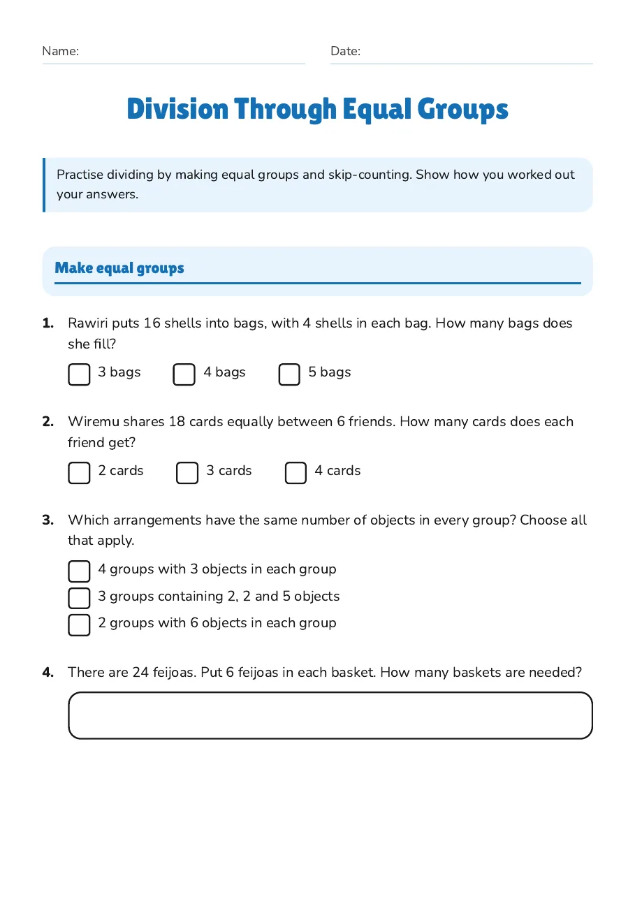 Division Through Equal Groups, page 1 of 3: Make equal groups