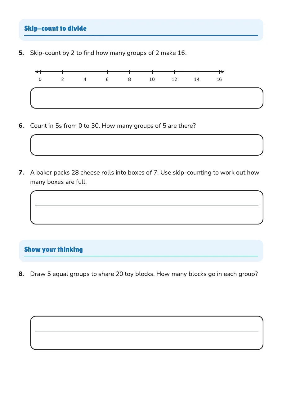 Division Through Equal Groups, page 2 of 3: Skip-count to divide, Show your thinking