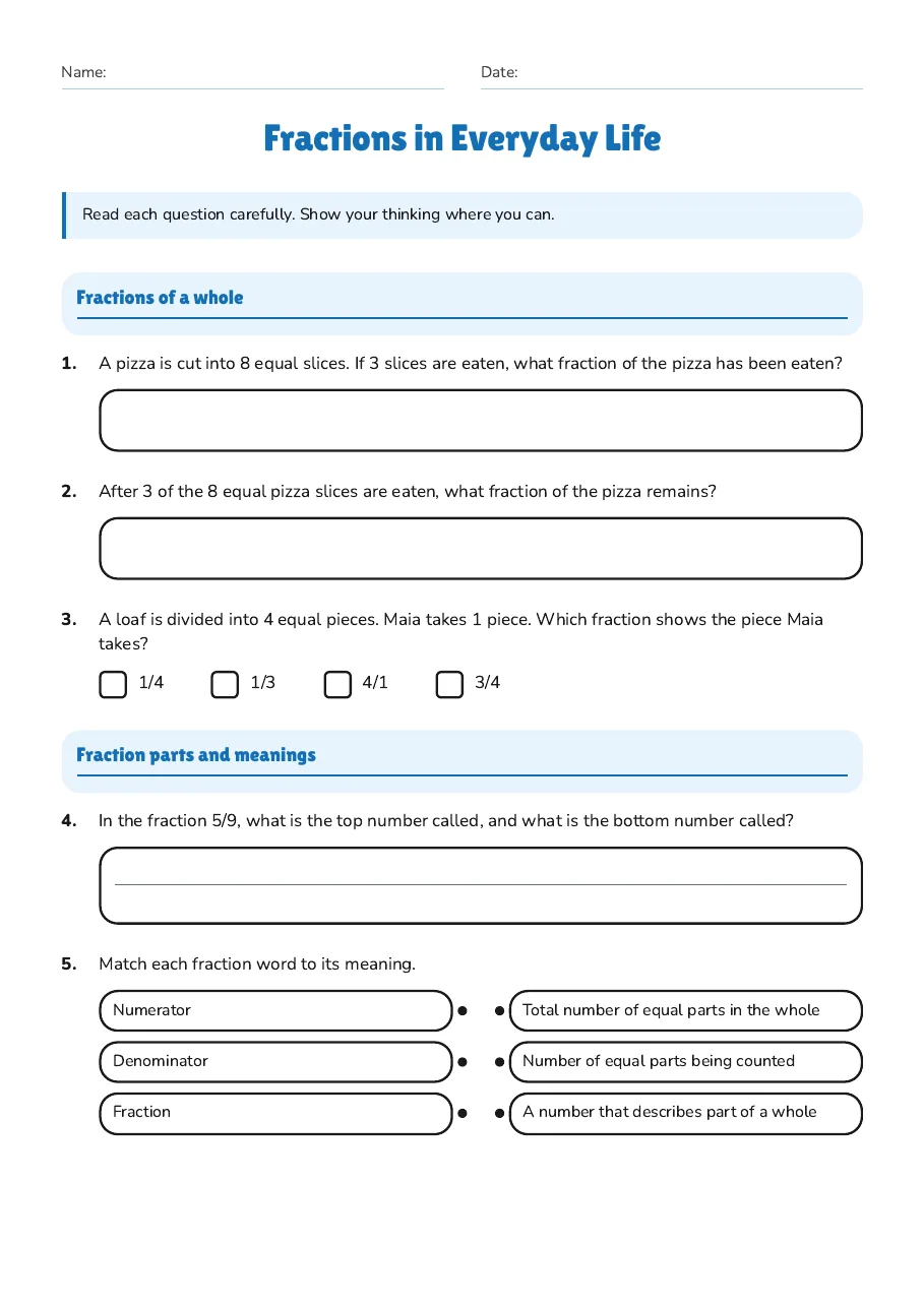 Fractions in Everyday Life, page 1 of 3: Fractions of a whole, Fraction parts and meanings