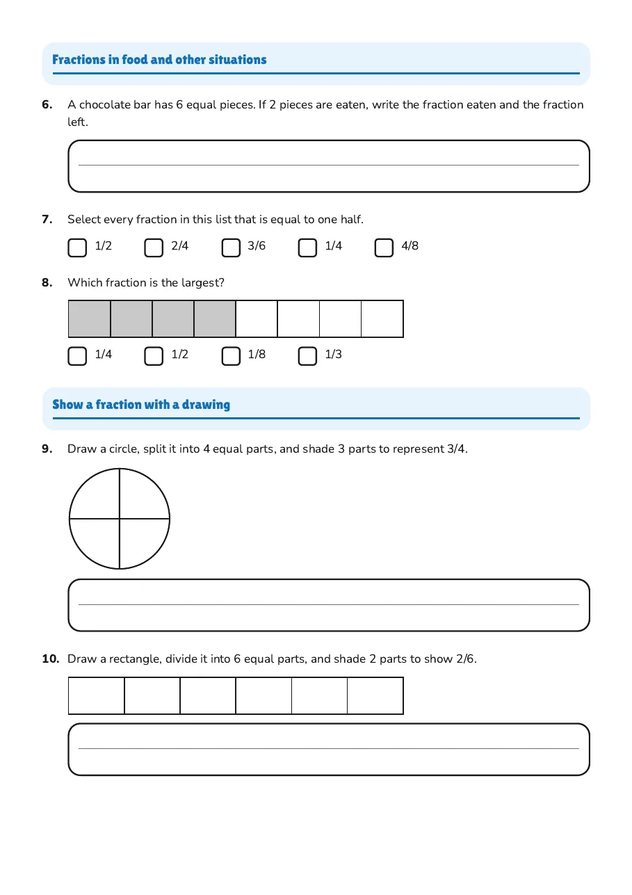 Fractions in Everyday Life, page 2 of 3: Fractions in food and other situations, Show a fraction with a drawing