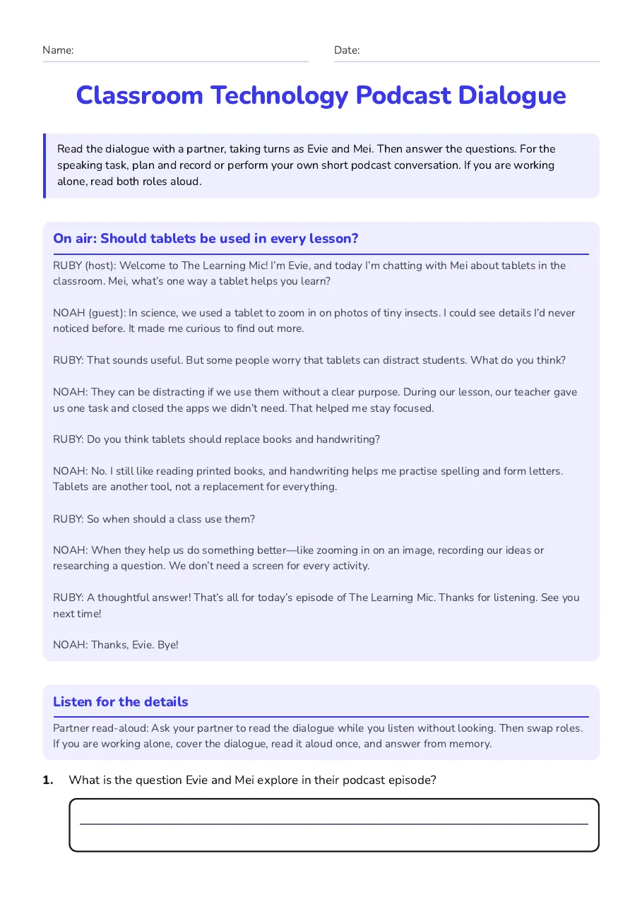 Classroom Technology Podcast Dialogue, page 1 of 3: On air: Should tablets be used in every lesson?, Listen for the details