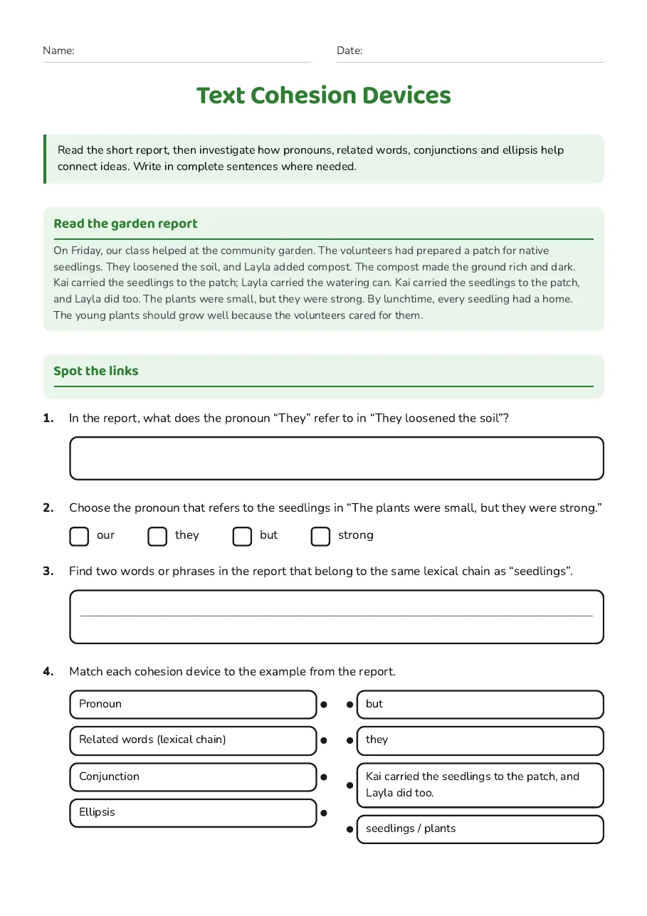 Text Cohesion Devices, page 1 of 2: Read the garden report, Spot the links