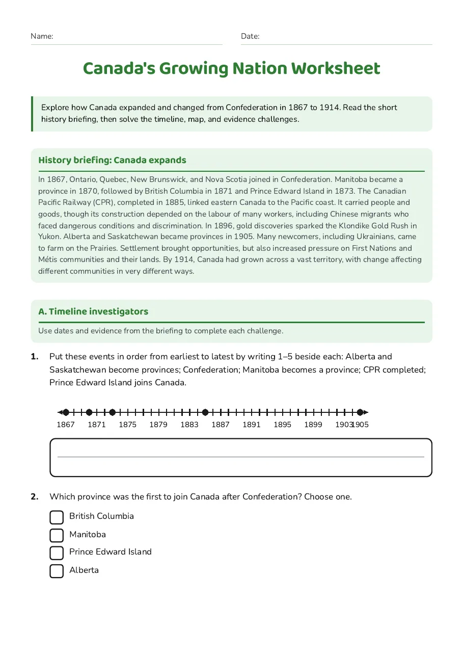 Canada's Growing Nation Worksheet, page 1 of 3: History briefing: Canada expands, A. Timeline investigators