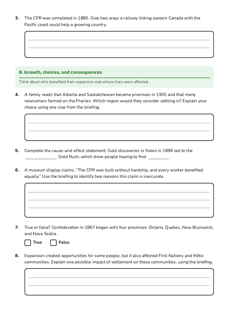 Canada's Growing Nation Worksheet, page 2 of 3: B. Growth, choices, and consequences