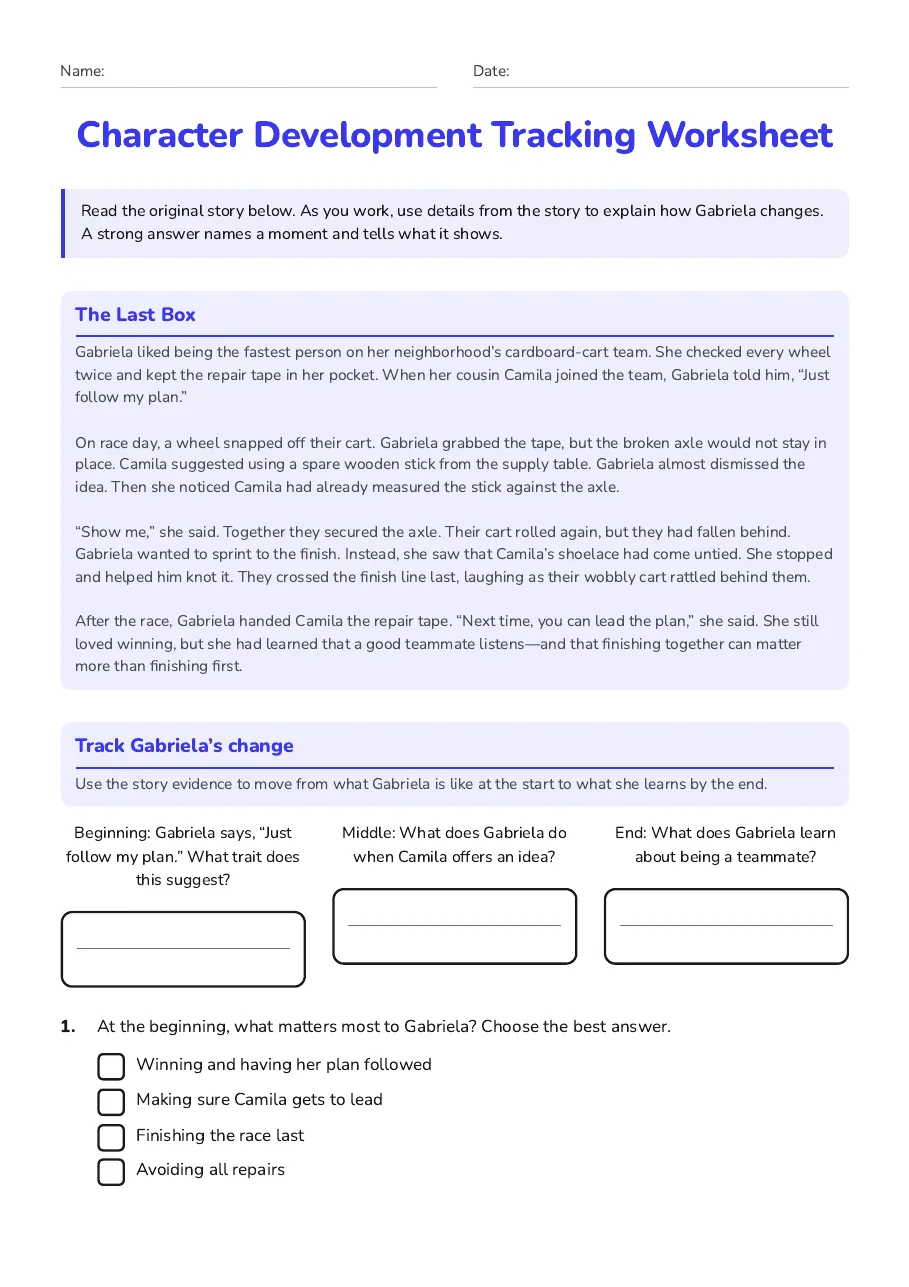 Character Development Tracking Worksheet, page 1 of 3: The Last Box, Track Gabriela’s change