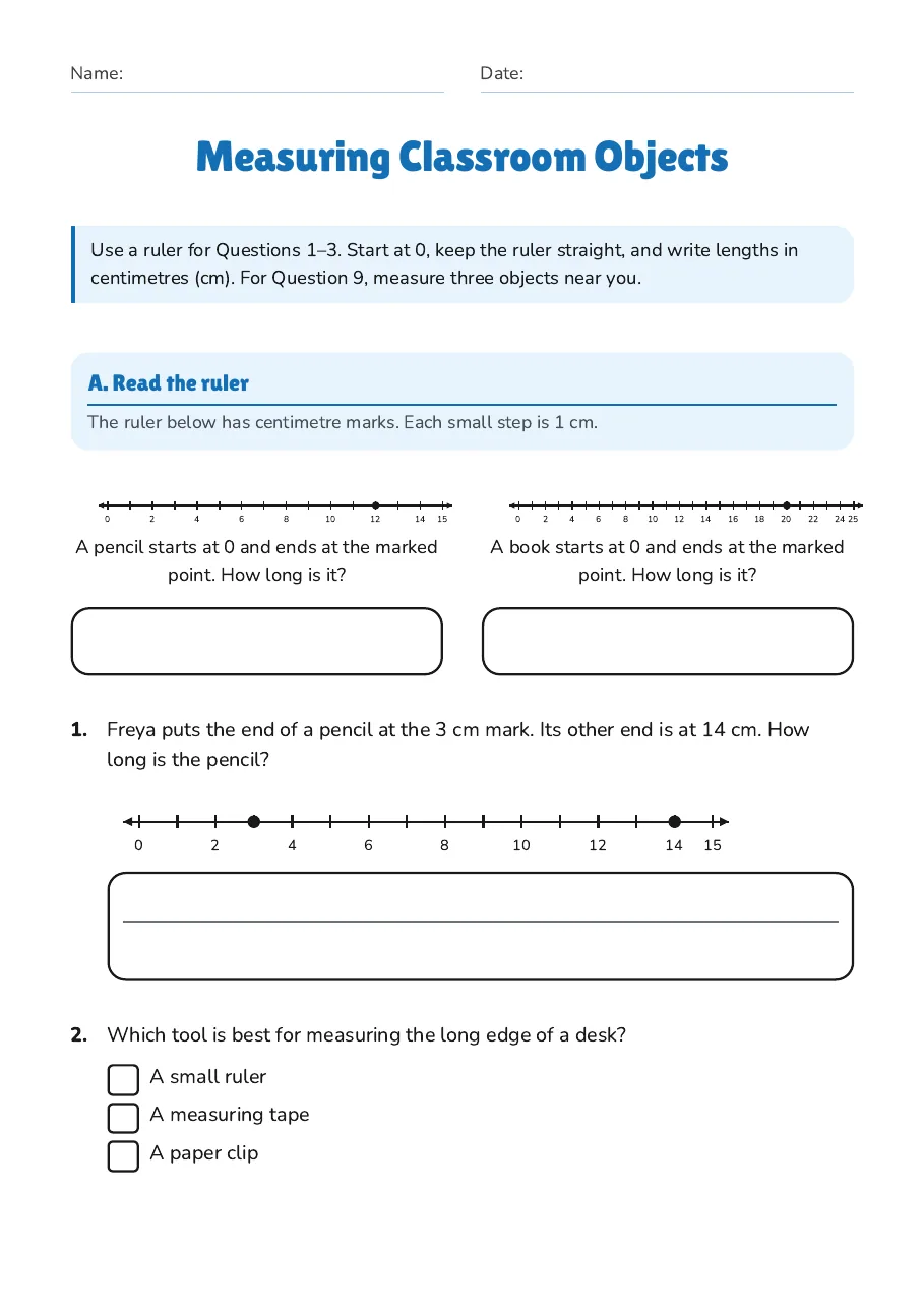 Measuring Classroom Objects, page 1 of 3: A. Read the ruler