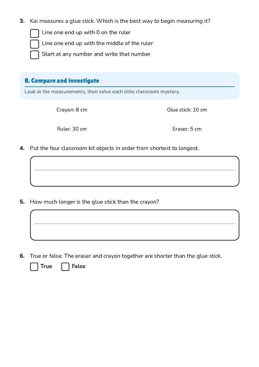 Measuring Classroom Objects, page 2 of 3: B. Compare and investigate