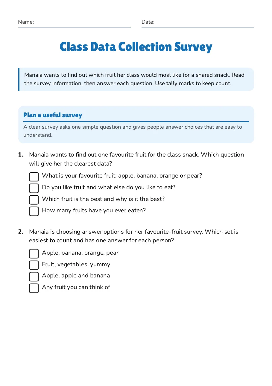 Class Data Collection Survey, page 1 of 3: Plan a useful survey