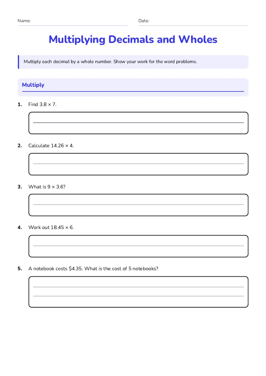 Multiplying Decimals and Wholes, page 1 of 2: Multiply