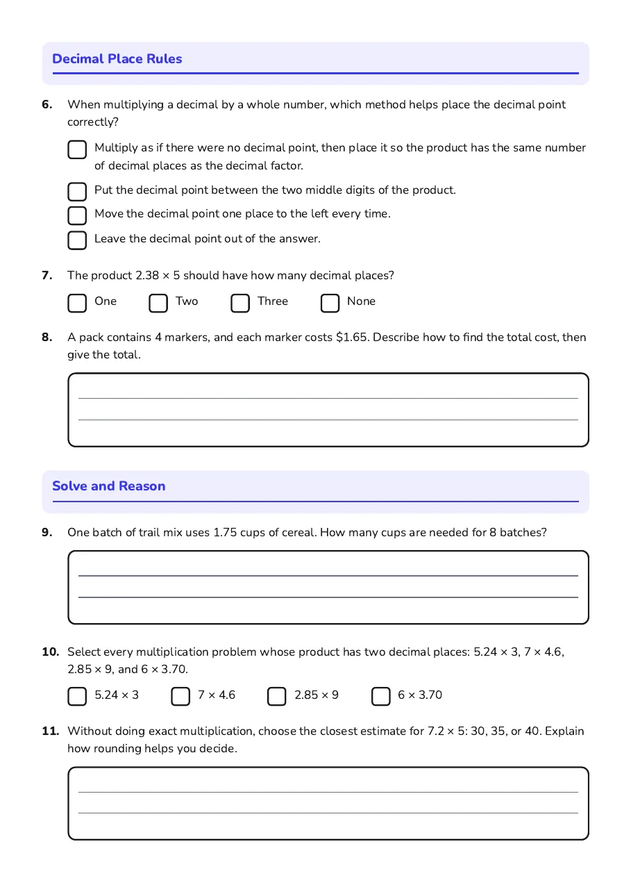 Multiplying Decimals and Wholes, page 2 of 2: Multiply, Decimal Place Rules, Solve and Reason