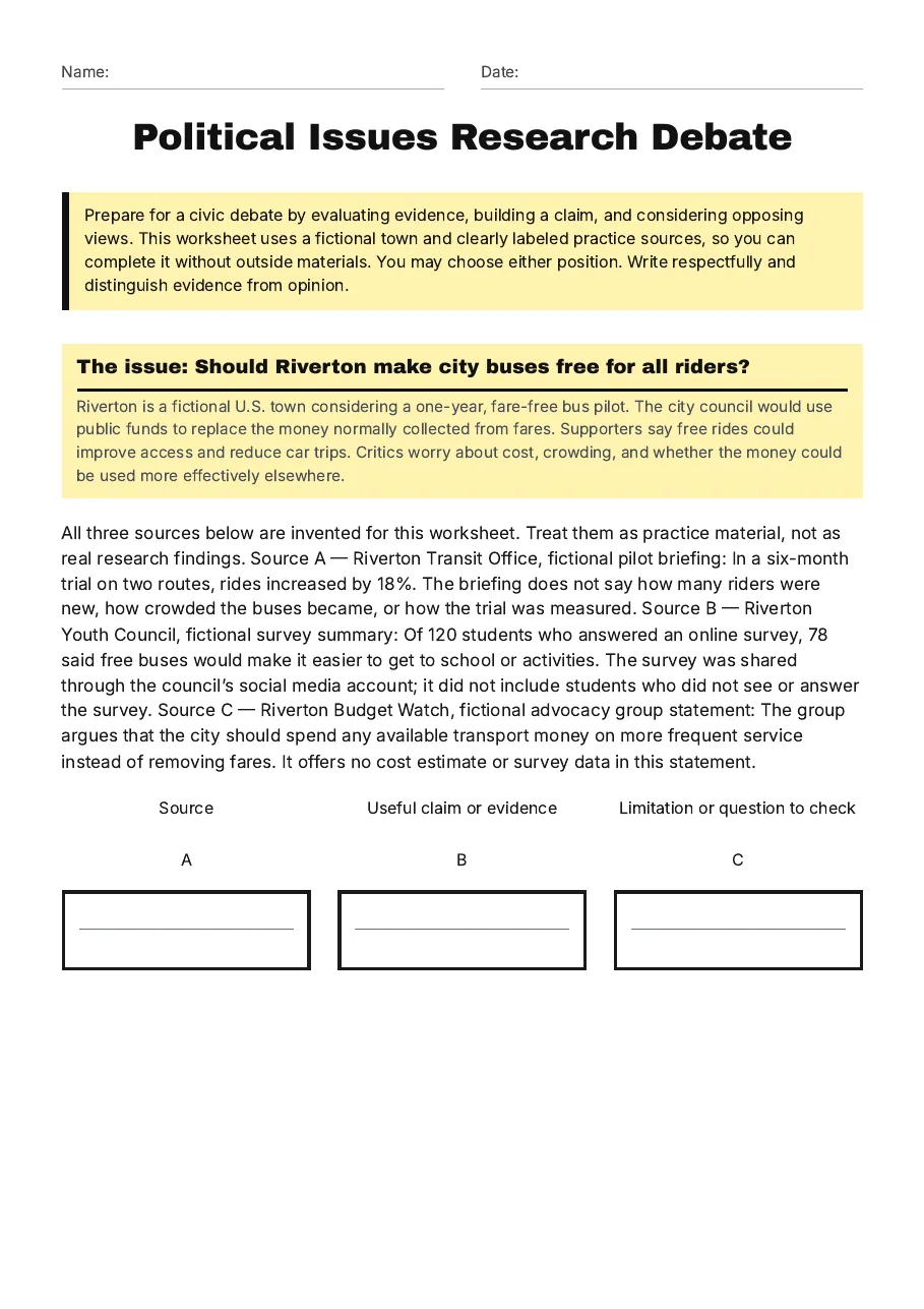 Political Issues Research Debate — Free Printable Worksheet for Social ...