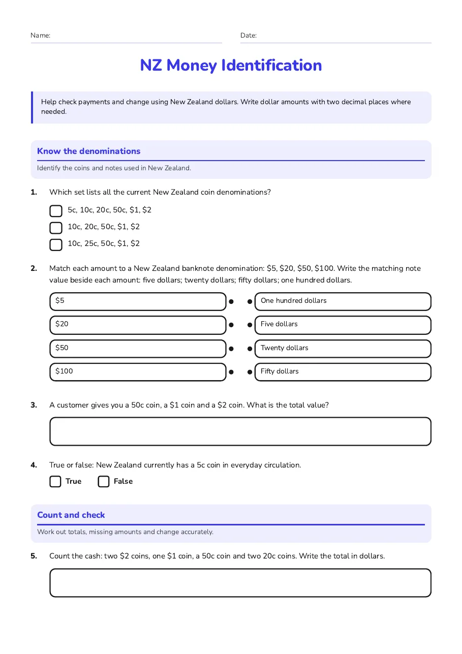 NZ Money Identification, page 1 of 2: Know the denominations, Count and check