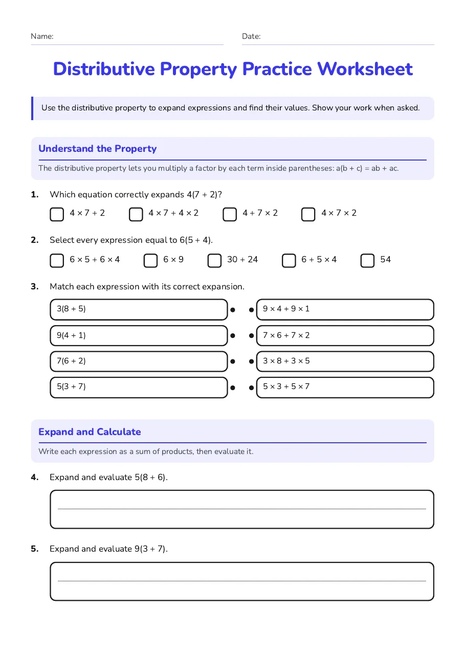 Distributive Property Practice Worksheet, page 1 of 3: Understand the Property, Expand and Calculate