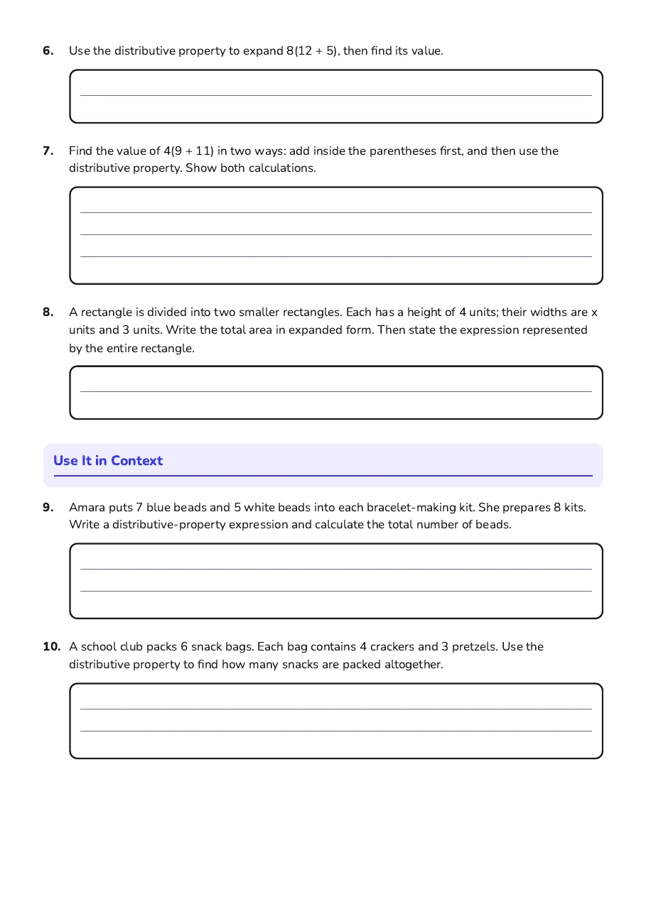 Distributive Property Practice Worksheet, page 2 of 3: Use It in Context