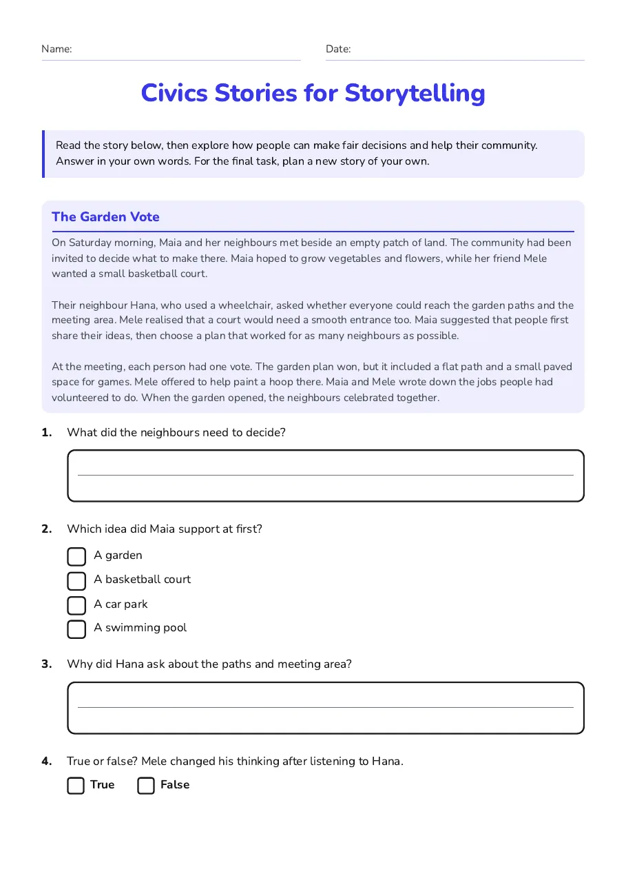 Civics Stories for Storytelling, page 1 of 3: The Garden Vote