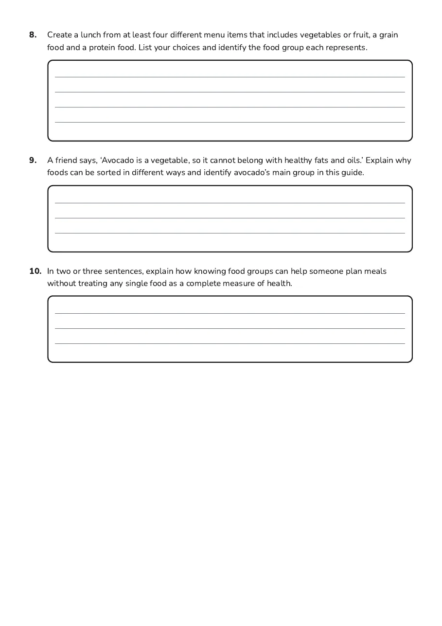 Understanding Food Groups, page 3 of 3: 8. Create a lunch from at least four different menu items that includes vegetables or…