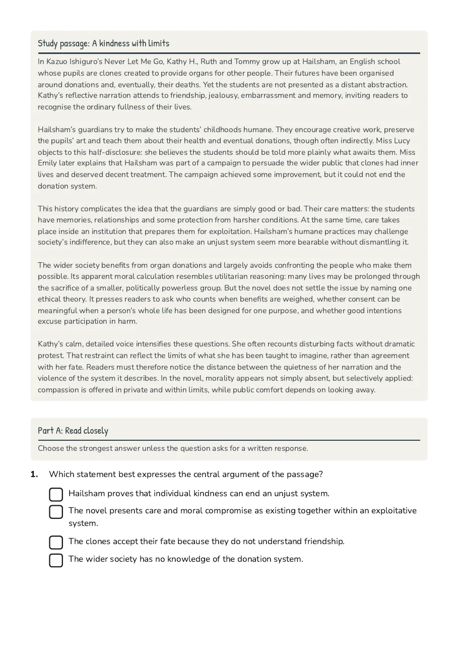 Never Let Me Go Ethics, page 2 of 4: Study passage: A kindness with limits, Part A: Read closely