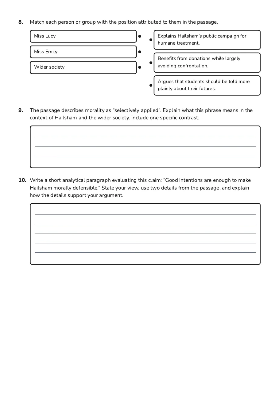 Never Let Me Go Ethics, page 4 of 4: 8. Match each person or group with the position attributed to them in the passage.