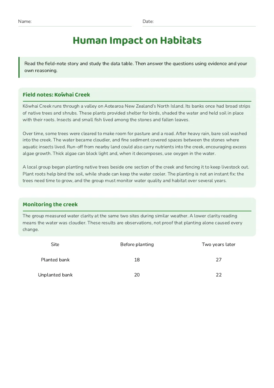 Human Impact on Habitats, page 1 of 3: Field notes: Kōwhai Creek, Monitoring the creek