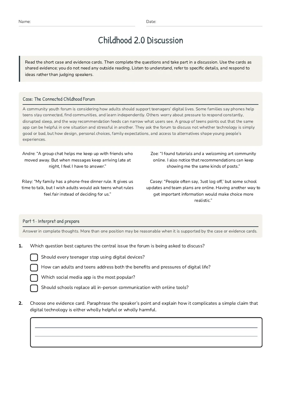Childhood 2.0 Discussion, page 1 of 3: Case: The Connected Childhood Forum, Part 1 · Interpret and prepare