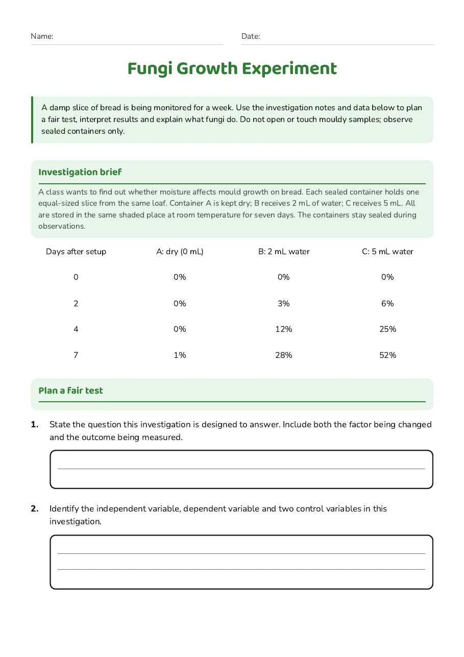 Fungi Growth Experiment, page 1 of 3: Investigation brief, Plan a fair test