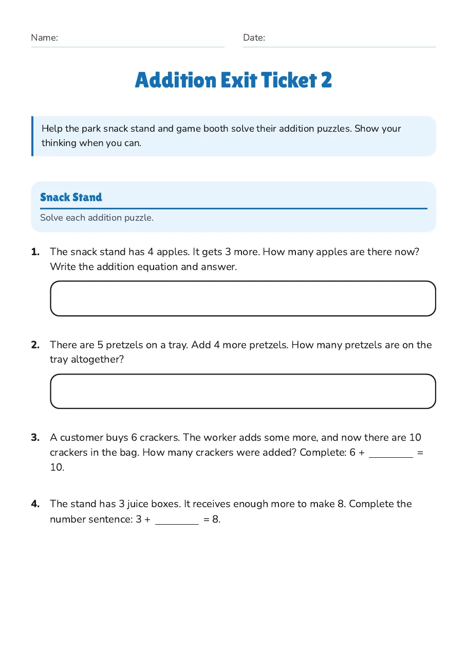 Addition Exit Ticket 2, page 1 of 3: Snack Stand