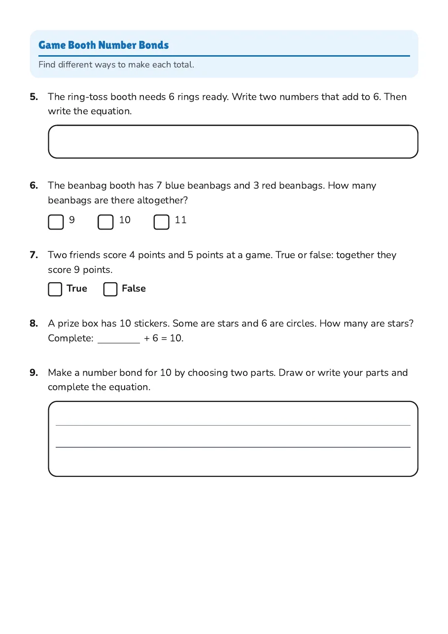 Addition Exit Ticket 2, page 2 of 3: Game Booth Number Bonds
