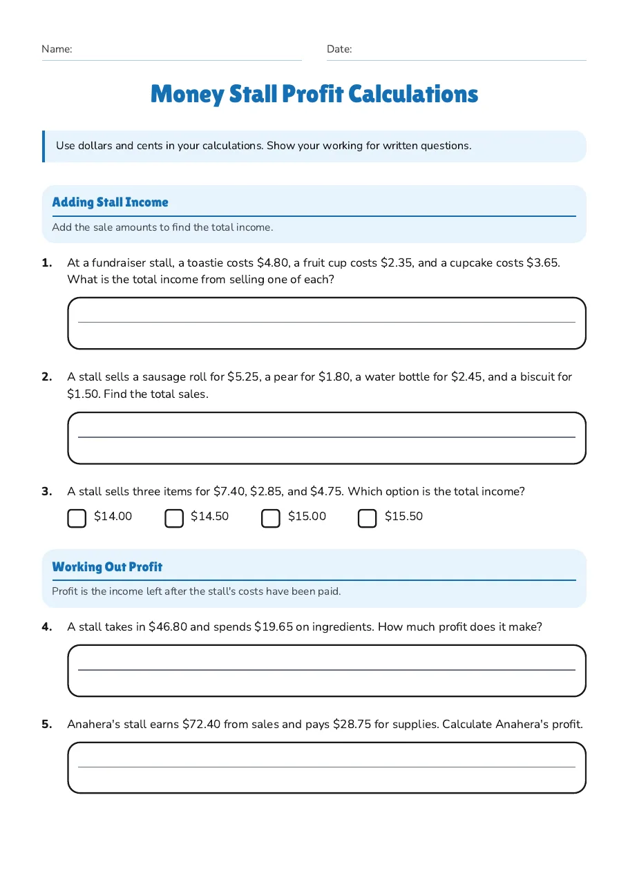 Money Stall Profit Calculations, page 1 of 2: Adding Stall Income, Working Out Profit