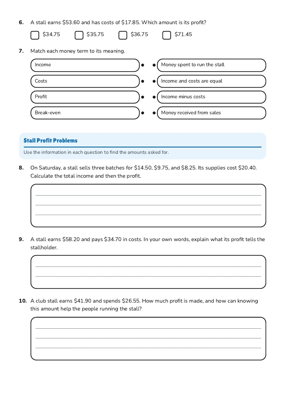 Money Stall Profit Calculations, page 2 of 2: Stall Profit Problems