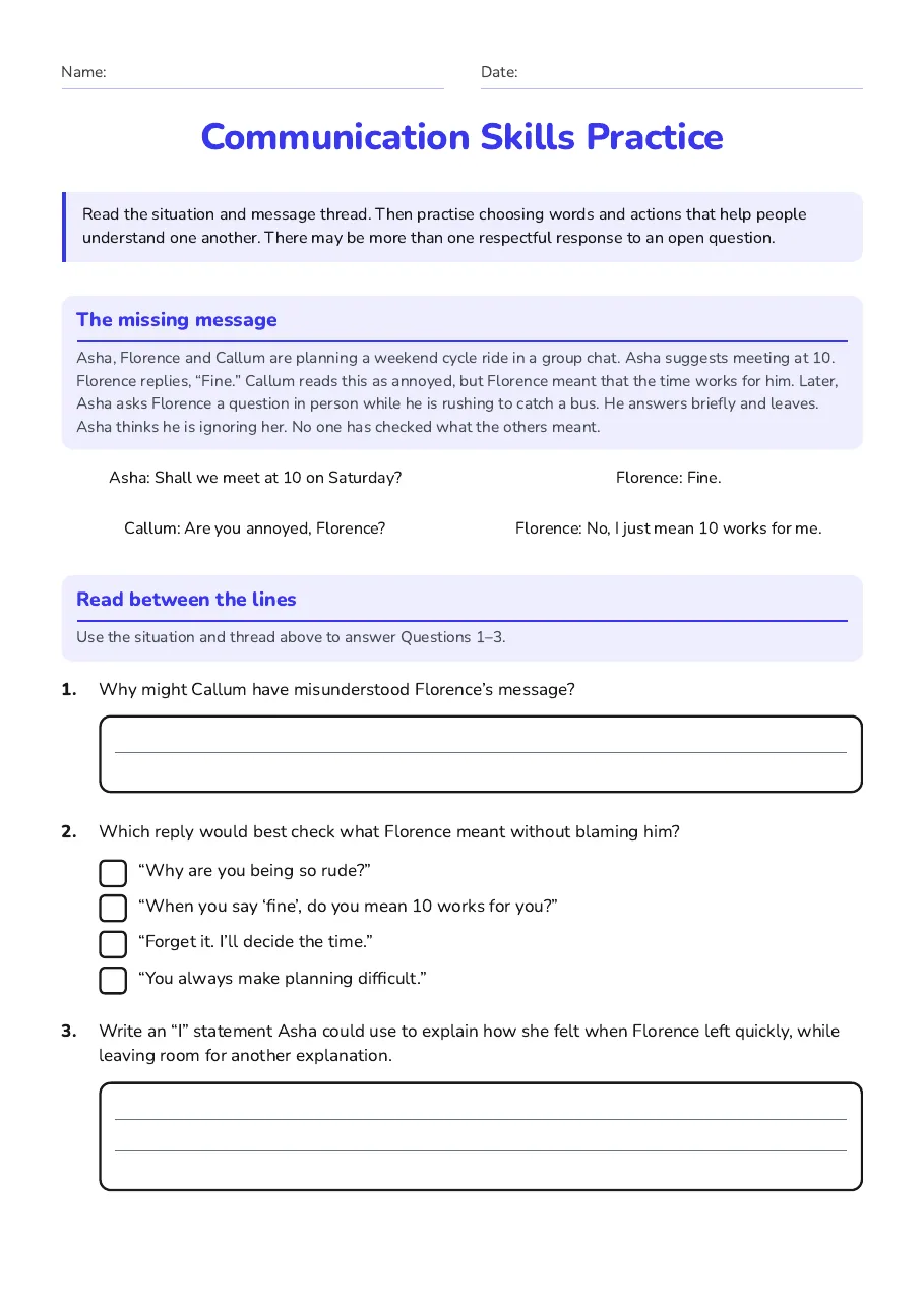Communication Skills Practice, page 1 of 3: The missing message, Read between the lines