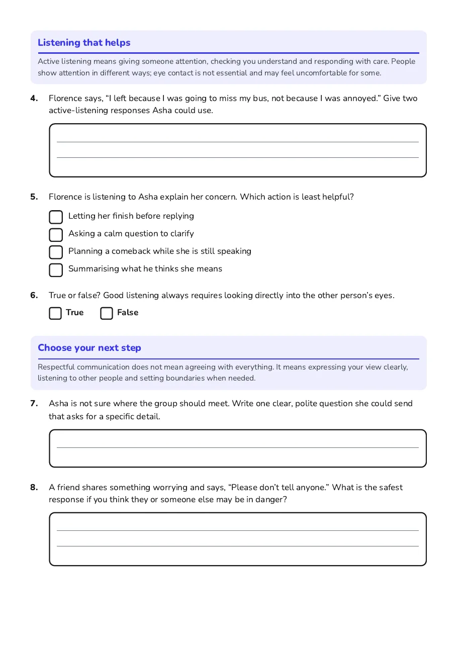 Communication Skills Practice, page 2 of 3: Listening that helps, Choose your next step