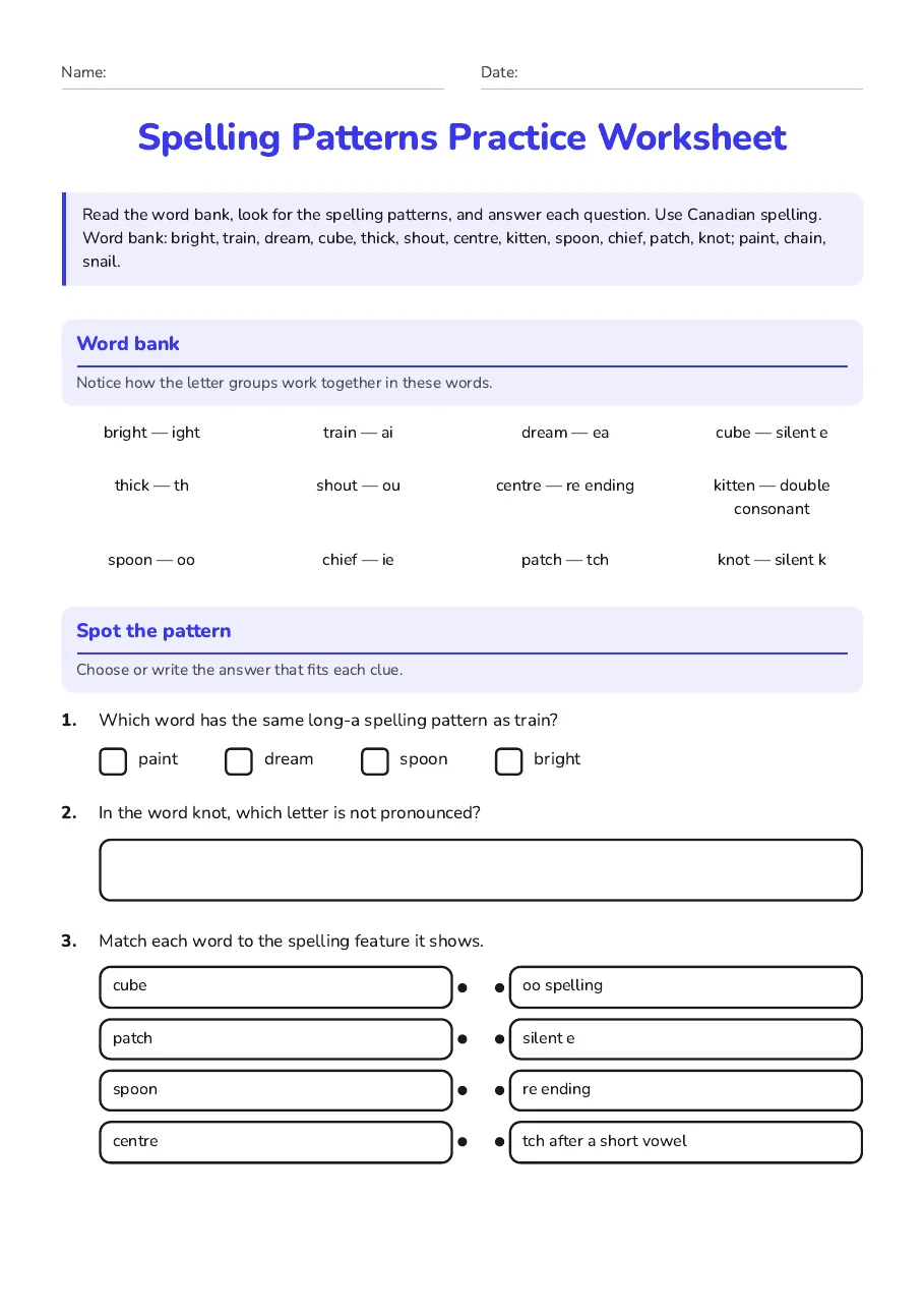Word bank and spelling-pattern questions, including a matching activity.