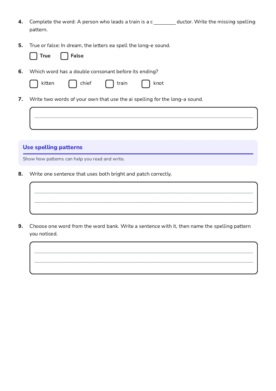 Sentence-writing practice using spelling patterns.