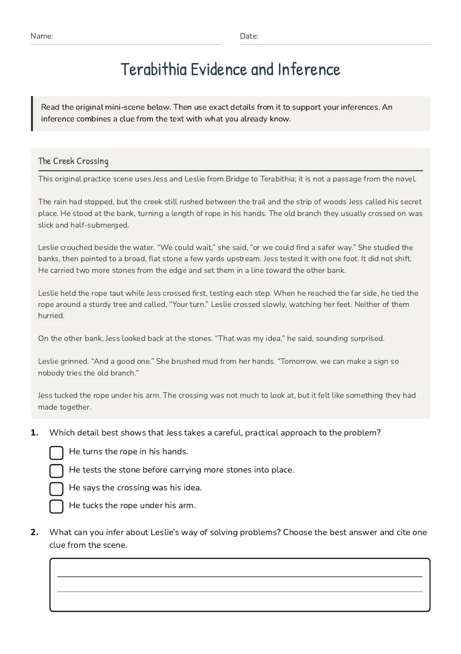 Terabithia Evidence and Inference, page 1 of 3: The Creek Crossing