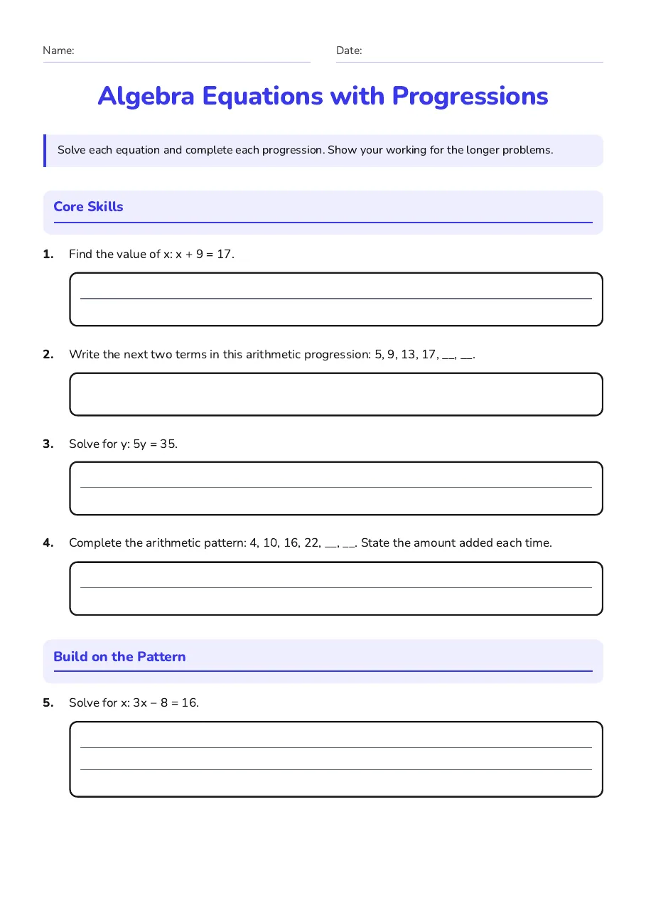 Algebra Equations with Progressions, page 1 of 3: Core Skills, Build on the Pattern