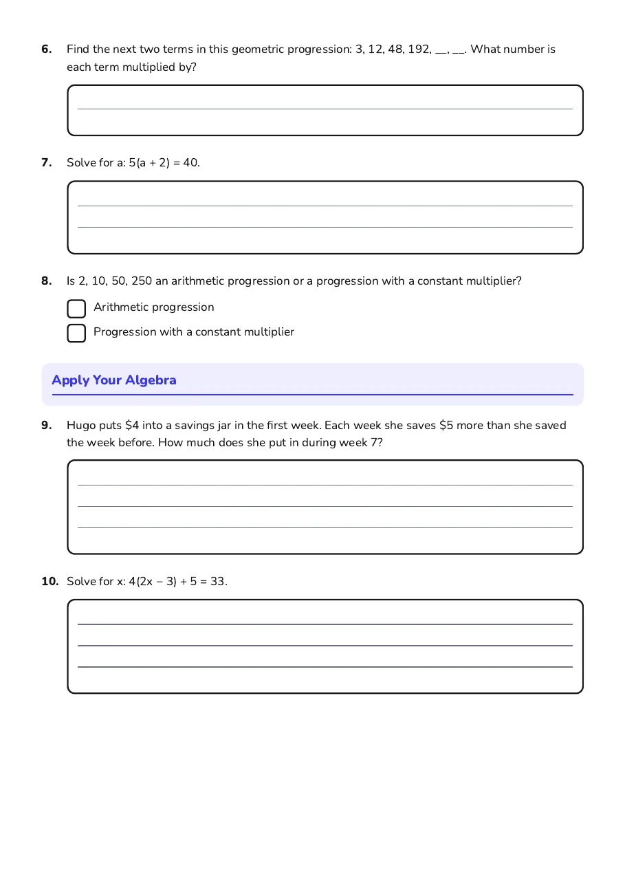 Algebra Equations with Progressions, page 2 of 3: Apply Your Algebra